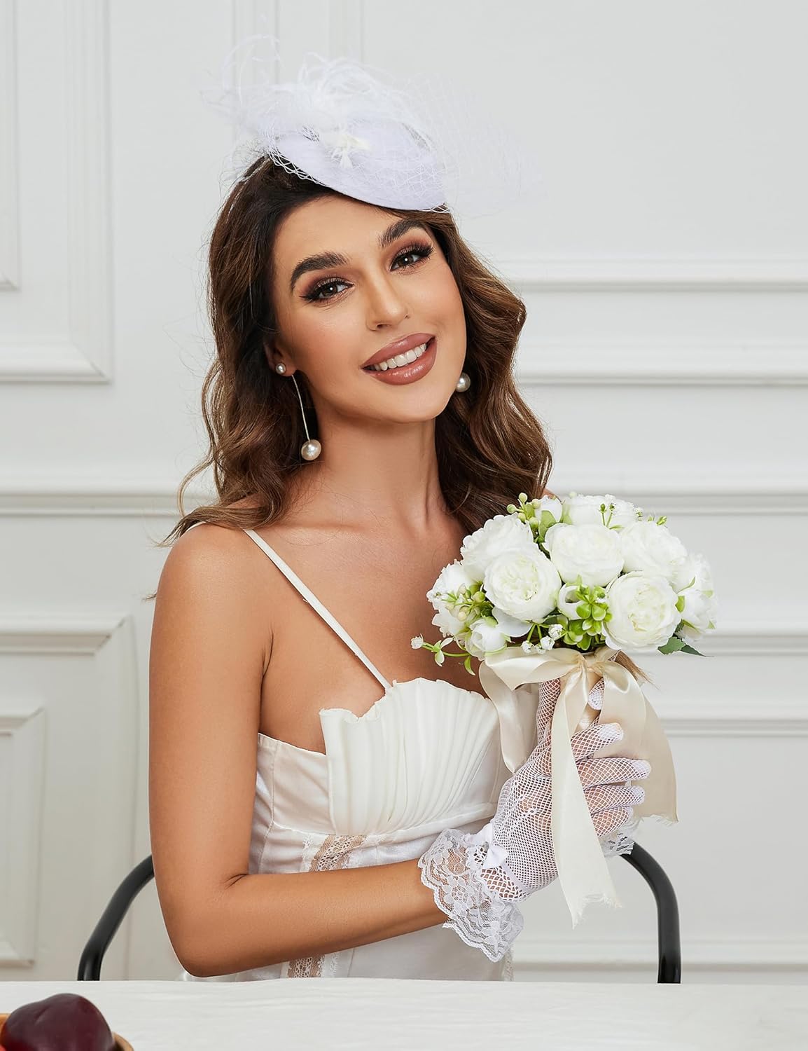 20s 50s Pillbox Derby Fascinator Hat Veil Feather Fascinators Hair Clip Wedding Tea Party Hat and Short Lace Gloves for Women - Image 4