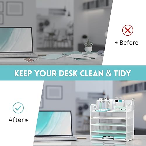 Miniatura 6 de Supeasy Organizador de escritorio de 5 niveles con asa y 3 soportes para bolígrafos, organizador de papel de mallaarchivos para escritorio,