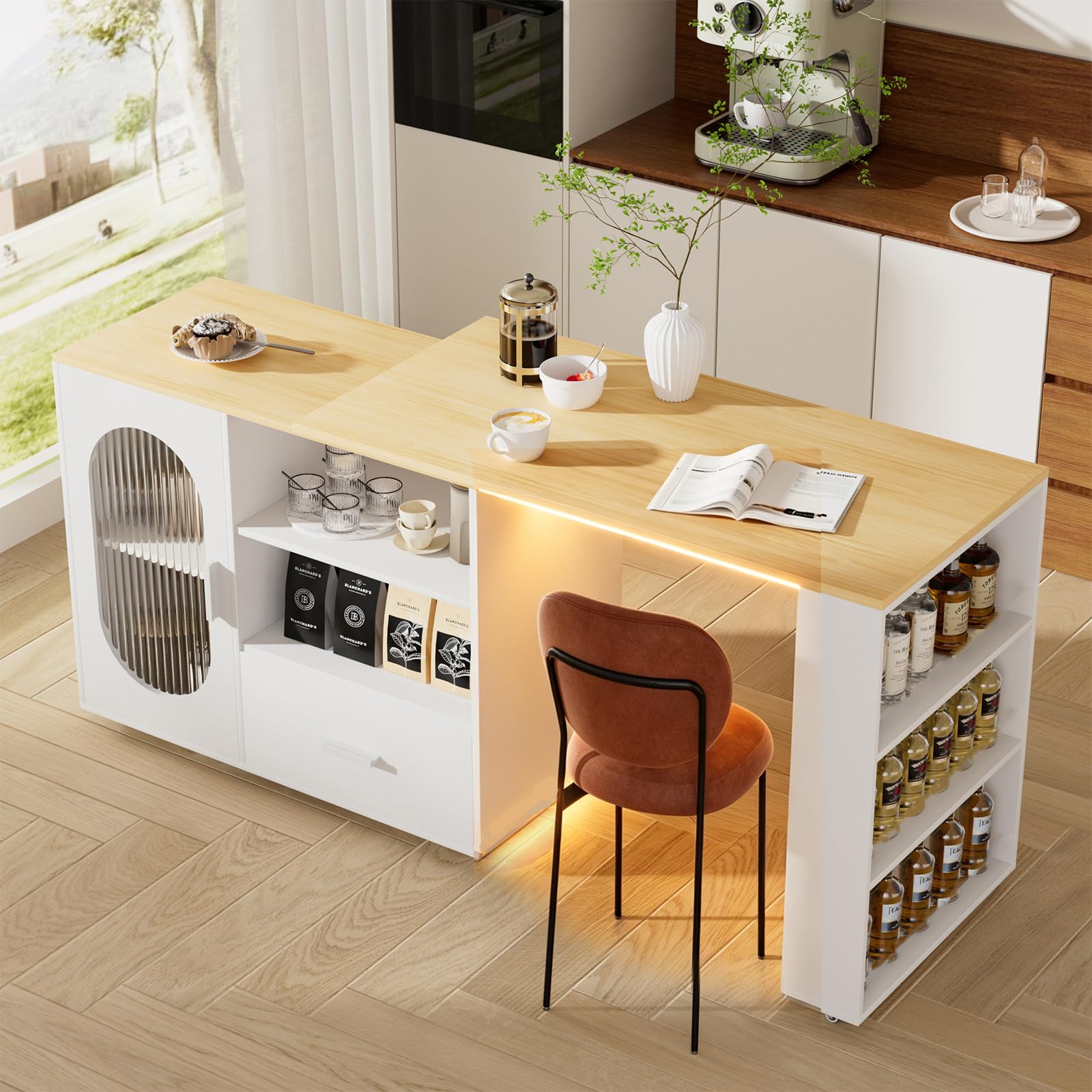 Isla de cocina giratoria 360° con espacio de almacenamiento, carrito de cocina móvil, mesa de bar extensible, encimera de acero inoxidable, barra de desayuno con armarios y cajones para cocina comedor