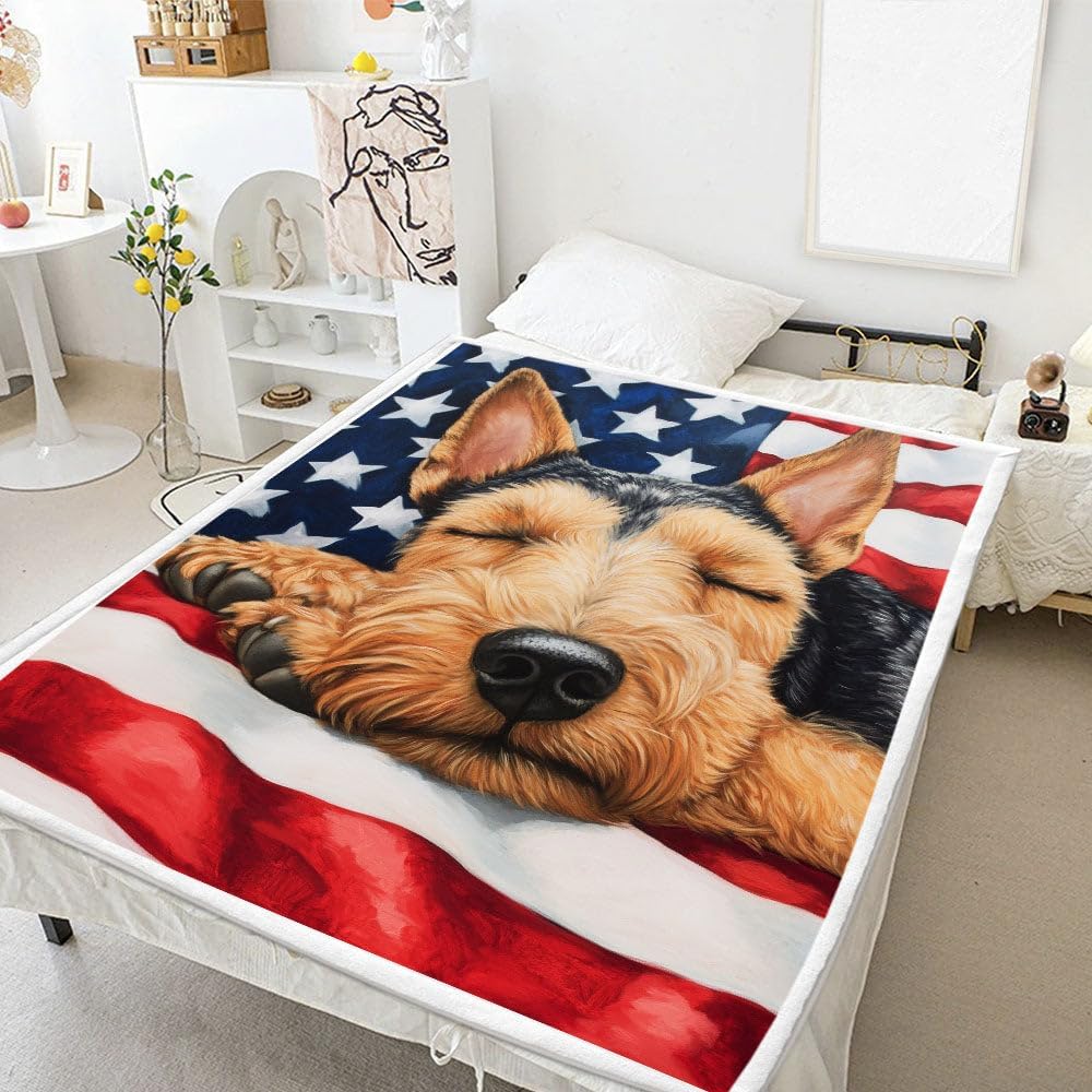 Wire Fox Terrier Dog Sleeping on an American Flag, Blanket Animal Throw Blankets Gifts for Couch Sofa Bed Stuff Decor Soft Cozy Fleece Plush Warm Flannel Bedding for Lover Men Women Kids NBCWgY image 4