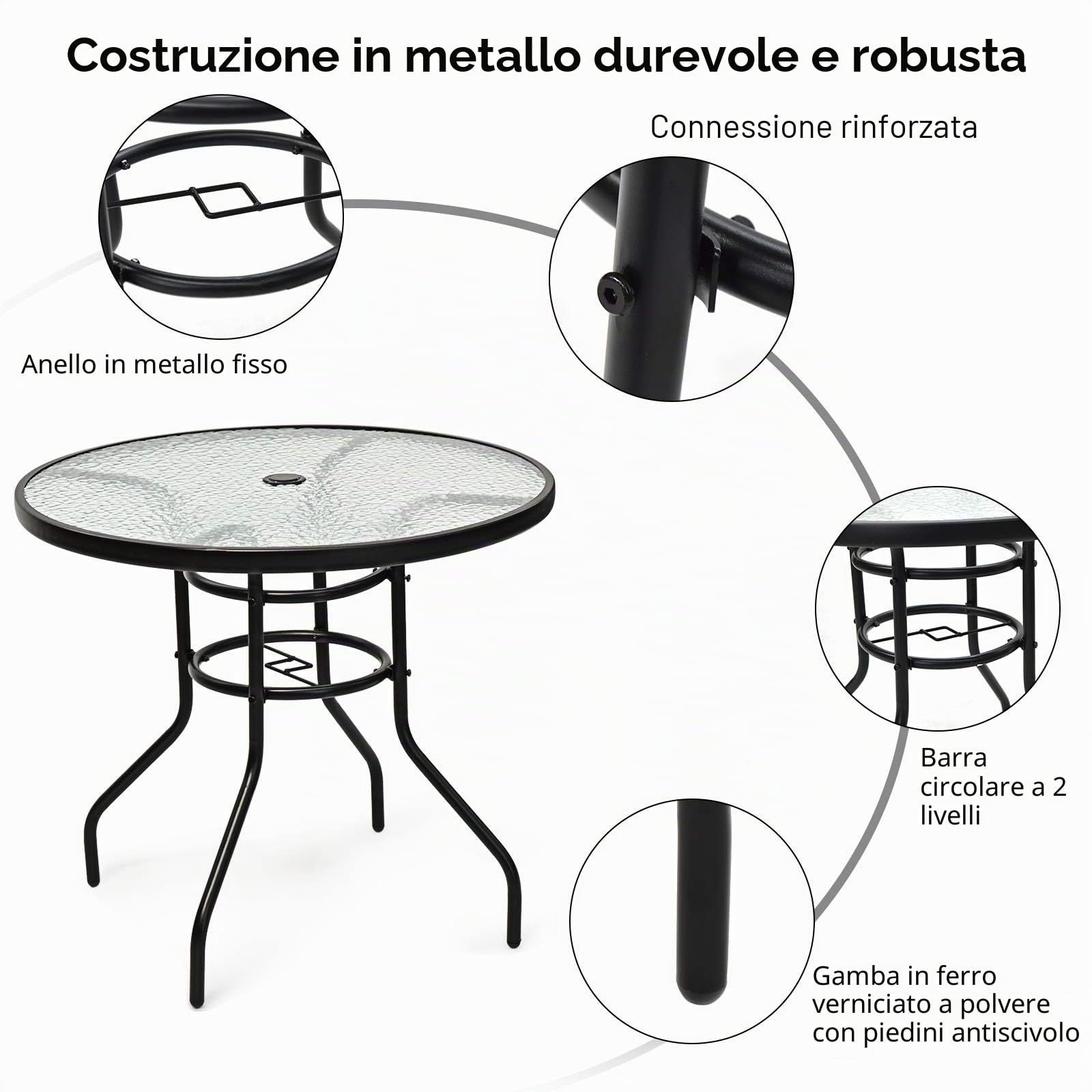 KOMFOTTEU Tavolo da giardino rotondo φ80 cm, tavolo da bistrot in metallo e vetro, tavolo da balcone con foro per portaombrelli, tavolino da caffè in vetro, resistente alle intemperie, per interni ed