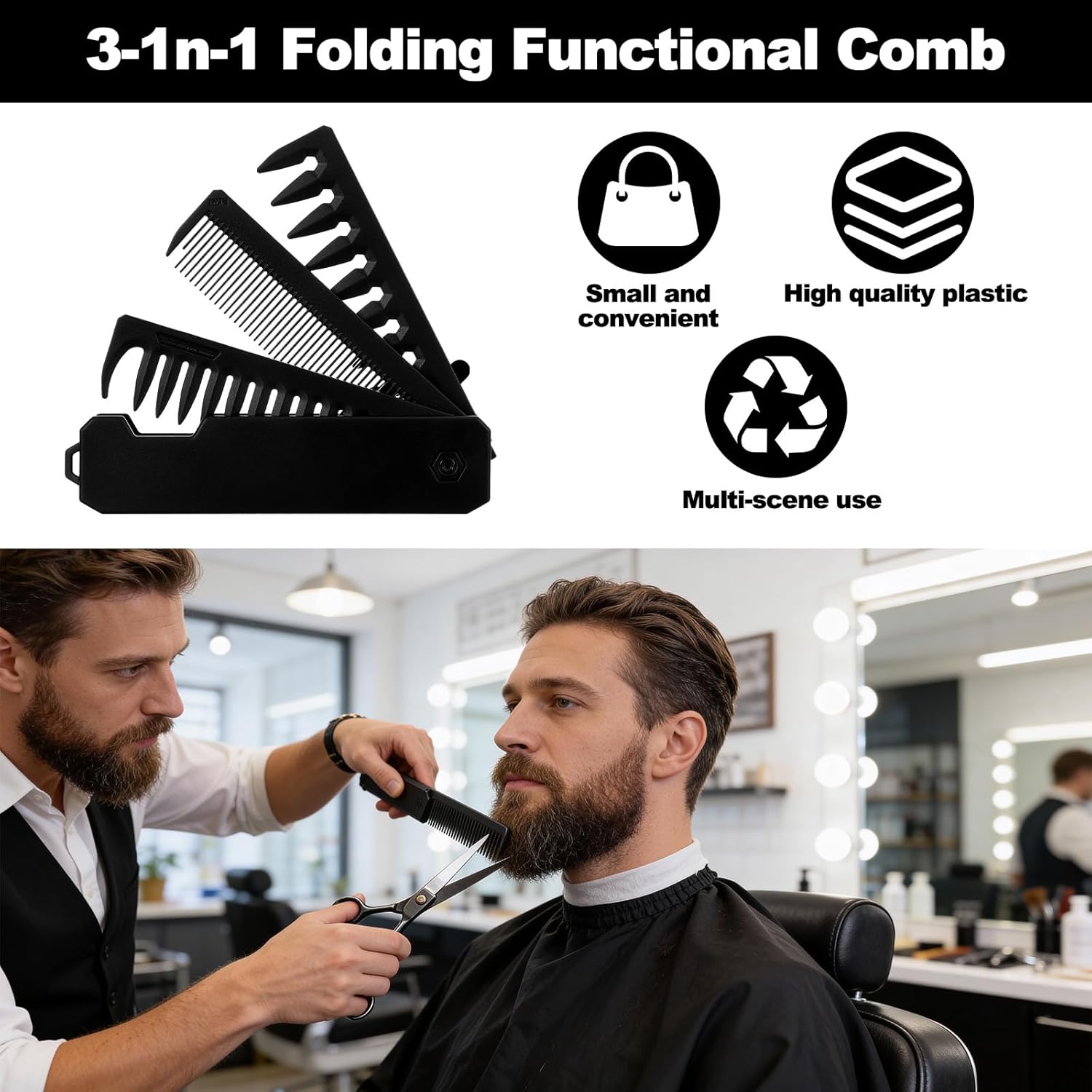 Protable Pocket Comb for Men, 3 In 1 Folding Comb, Fine Tooth and Wide Tooth Small Combs for Everyday Grooming, Combing Hair, Beards and Mustaches (Black, Plastic) - Image 4
