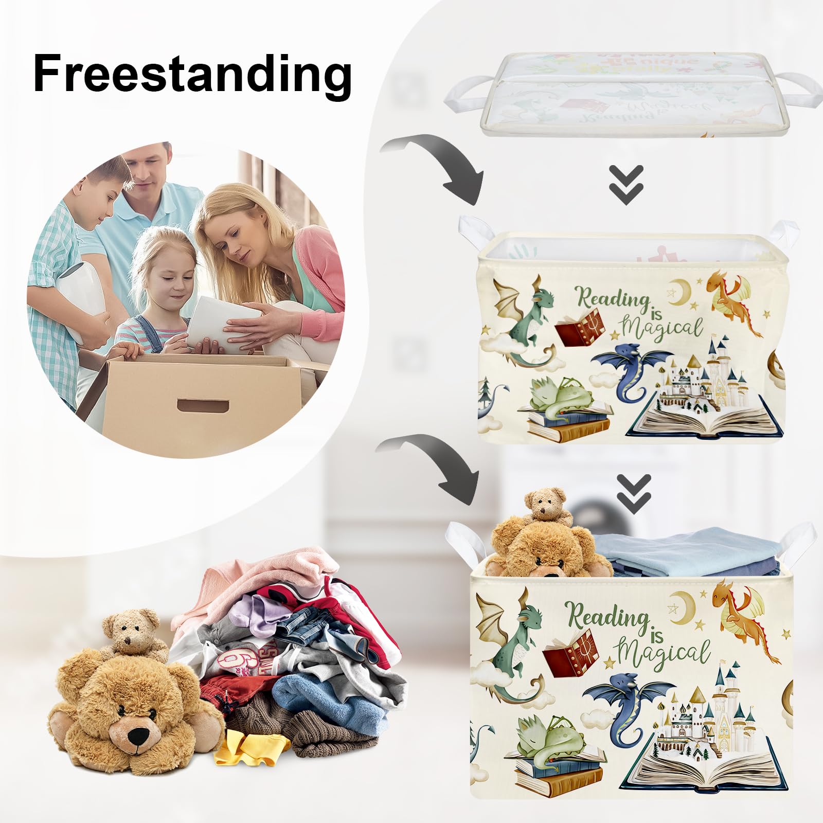 Grande Cesta Porta Biancheria Dinosauri Carini Pieghevole Cestini Portaoggetti Giocattoli Vestiti per Bambino Cesta Indumenti Sporchi per Bagno,Libri magici,36L