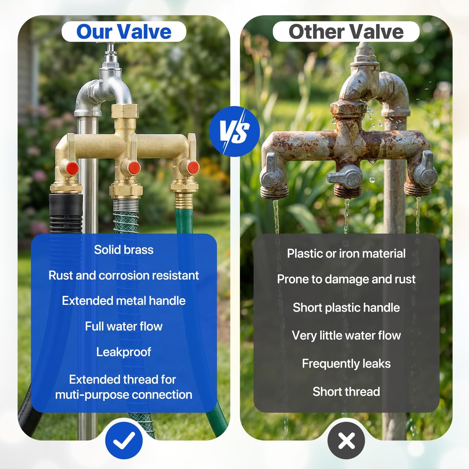 3 Way Garden Hose Splitter Full Flow, Heavy Duty Brass Hose Splitter Outdoor Faucet Diverter with Extended Handle And Metal Shutoff Valve, 3/4” GHT Thread