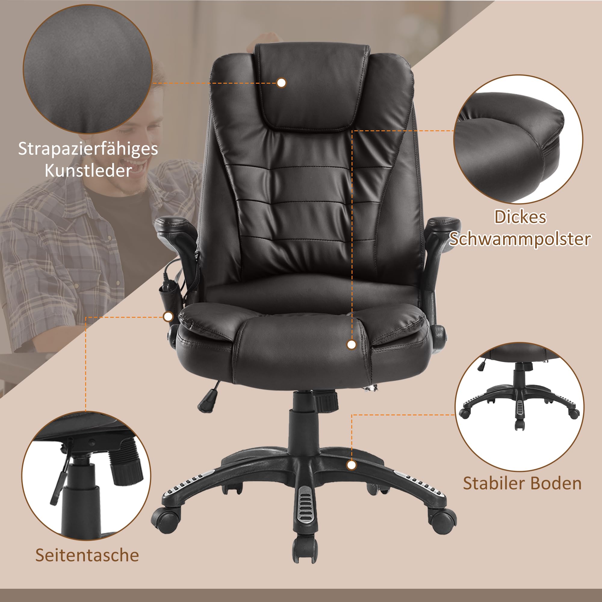 HOMCOM Bürostuhl mit Massagefunktion Ergonomischer Chefsessel, Braun | Ergonomischer Chefsessel, Liegefunktion, Wippfunktion, Höhenverstellbar, Schreibtischstuhl, Kunstleder