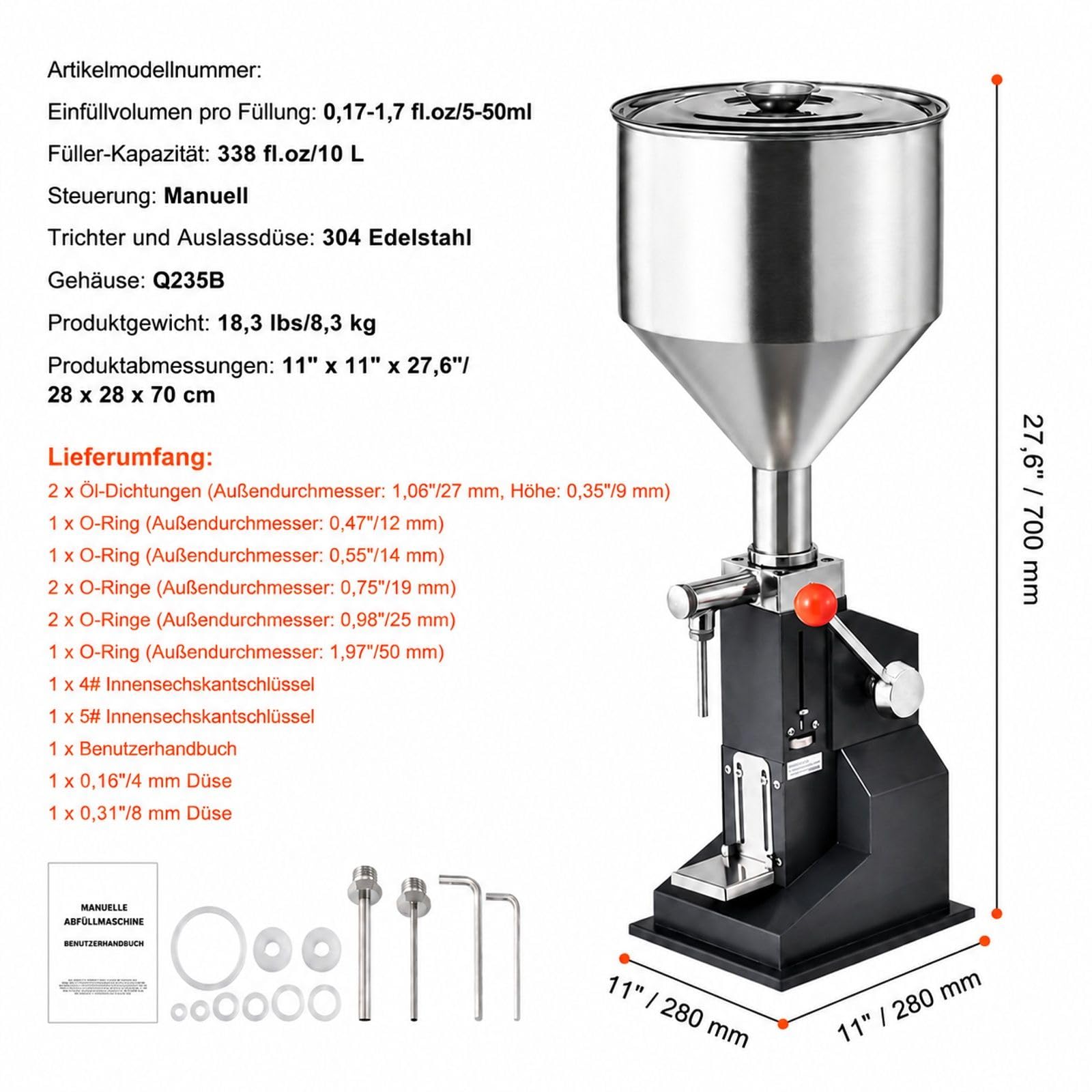 Manuelle Abfüllmaschine für Flüssigkeiten und Pasten, verstellbarer Flaschenfüller mit Trichter, Edelstahl, für Milch, Wasser, Saft, ätherisches Öl, Shampoo, Honig, Kosmetikcreme