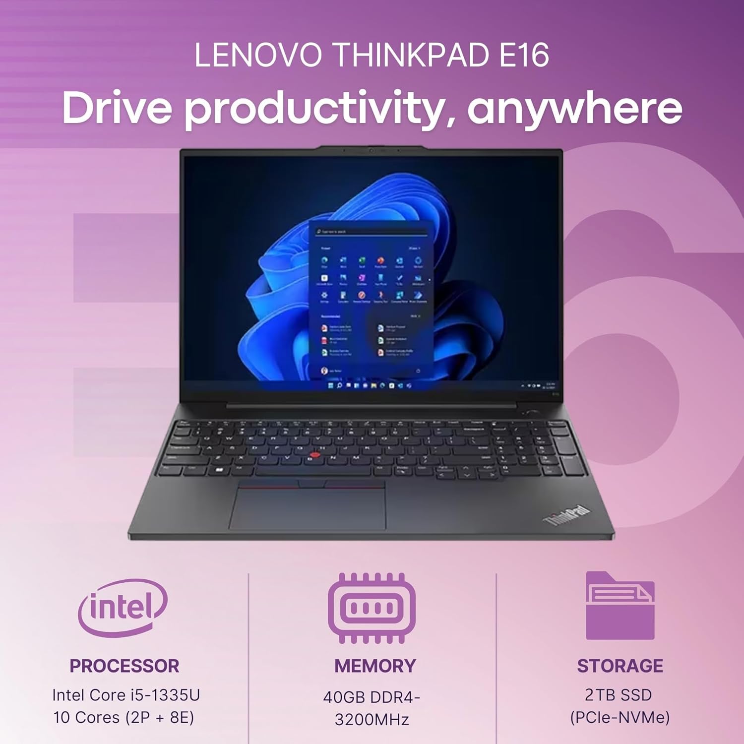 Lenovo ThinkPad E16 Gen 1 Business Laptop Computer, 16GB RAM, 1TB PCIe SSD, 13th Gen Intel 10-Core i5-1335U (Beat i7-1255U), 16" FHD+, WiFi 6, Thunderbolt 4, Windows 11 Pro, Vent-Hear