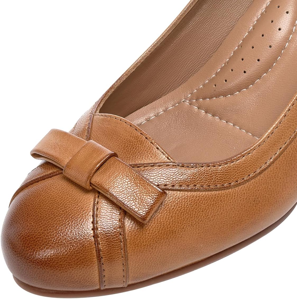 Mona flying Women's Leather 5 cm Pump Chunky Med Heel Round Toe Office Dress Shoes for Ladies - Image 4