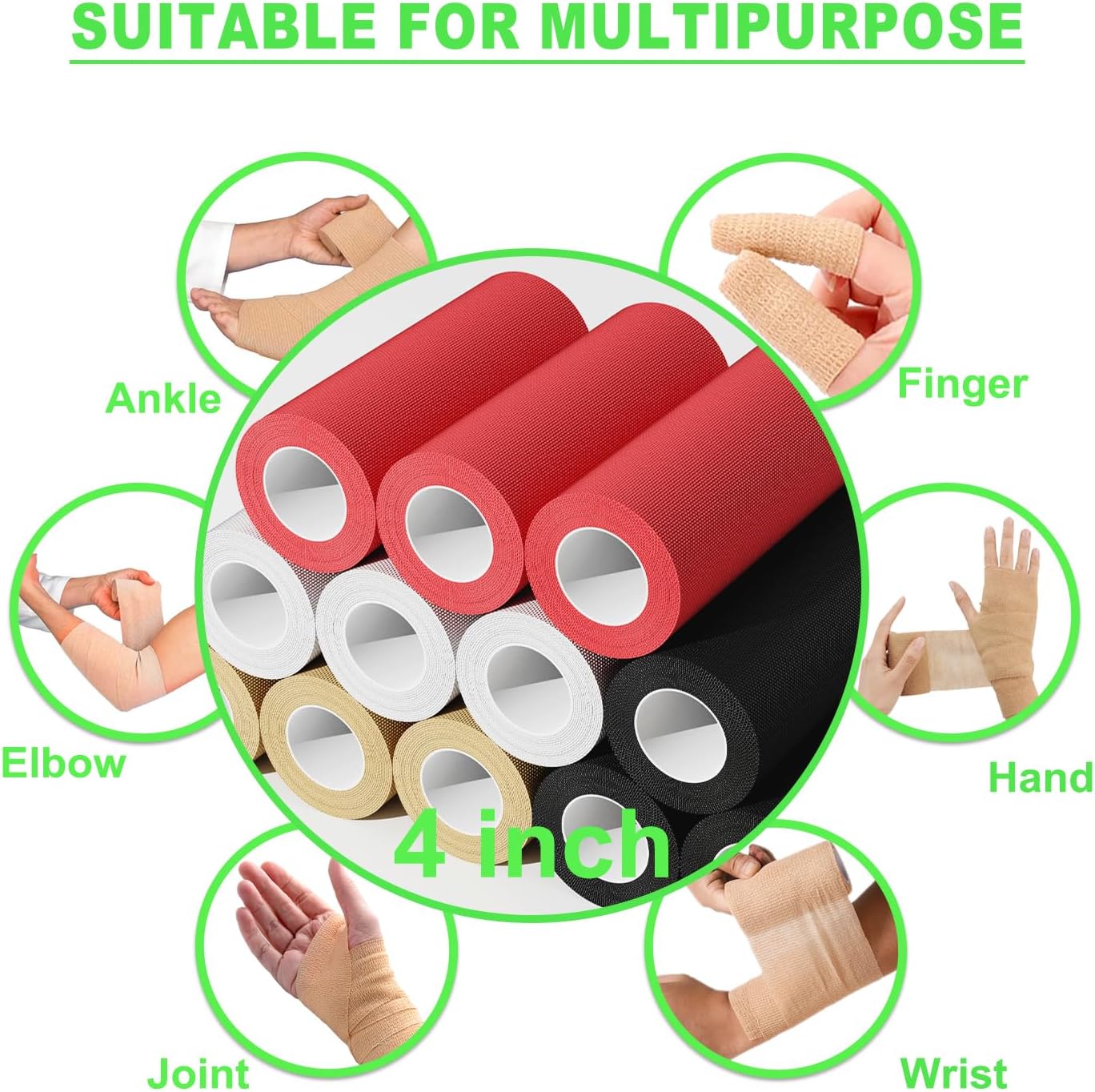 12 Packs Self Adhesive Bandage Wrap, Athletic Elastic Cohesive Bandage for Sports Injury, Strain, Knee & Wrist, Ankle Sprains & Swelling First Aid (Multi-Color, 4Inch x 5Yards)