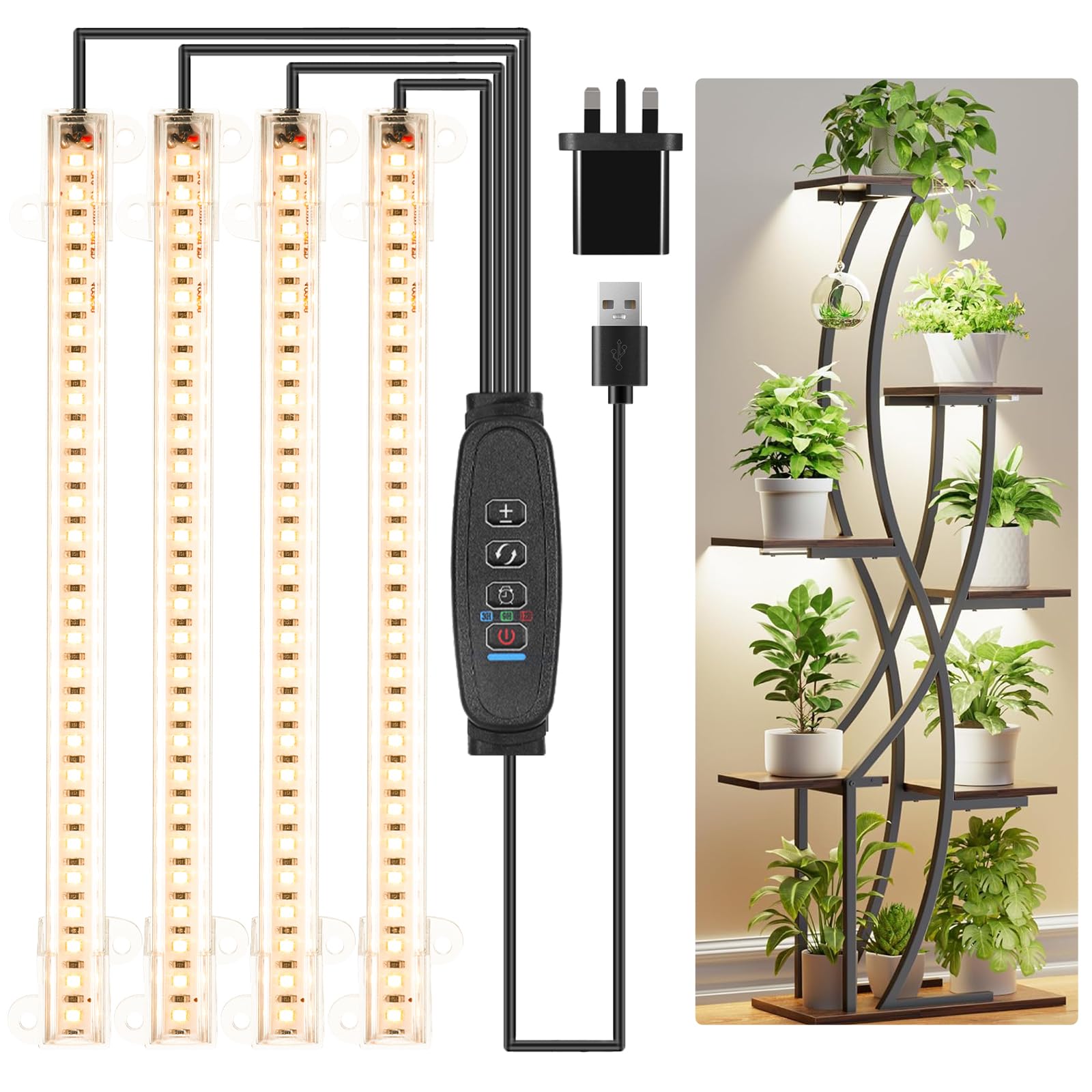 Czoumu 4 Head 1 Pack 8.6'' Led Grow Light Strips, Full Spectrum 3500K Grow Lights For Indoor Plants, 4 Head With 3/9/12H Timer, 10 Dimmable Levels, Ideal For Seedling, Succulent, Plant Shelf And Greenhouse, 1-Pack