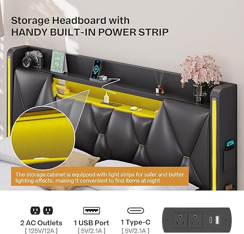 Miniatura 4 de Base de cama flotante Queen con cabecera de almacenamiento, marco de cama Queen con almacenamiento oculto, 4 bolsillos, cama tapizada con luces LED