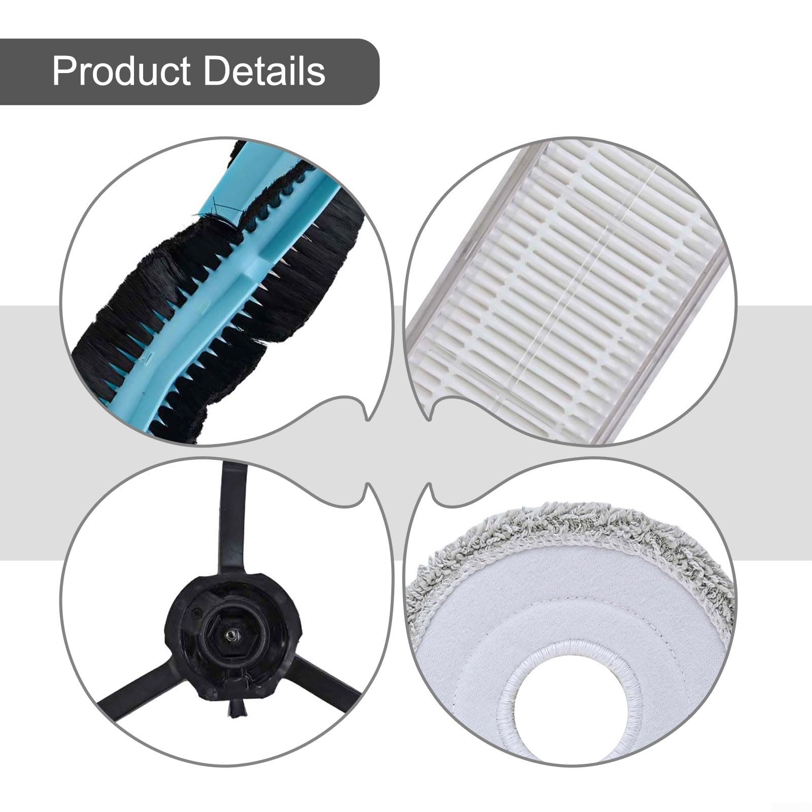 Partes de aspiradora para Cecotec para conga 11090, incluye 2 cepillos principales, 12 cepillos laterales, 12 filtros, 12 paños de fregona, 12 bolsas de polvo de plástico, nailon, microfibra