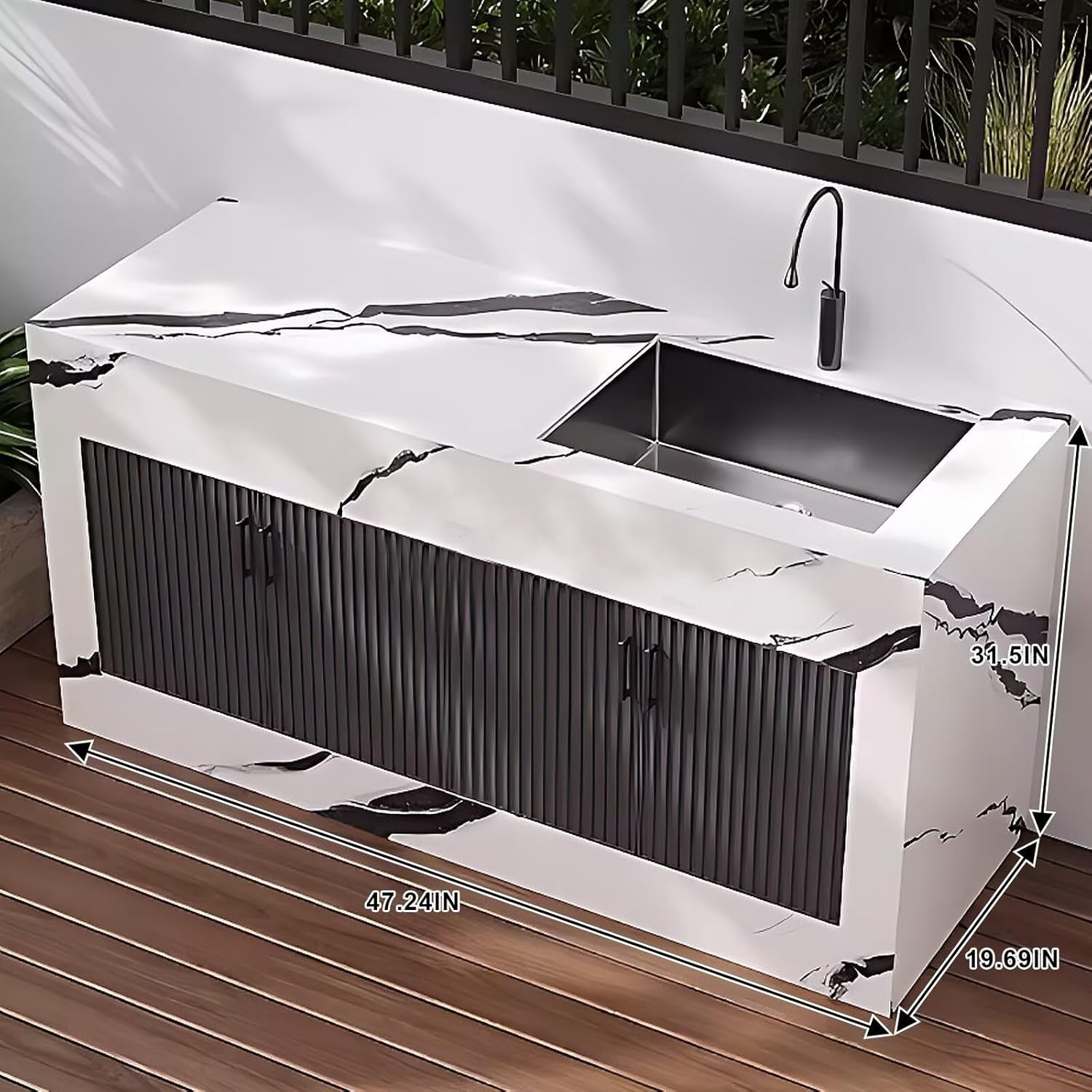 Outdoor Kitchen Cabinet with White with Pattern Slate Countertop,Sink Cabinet Includes Stainless Steel Sink,Black Grille Striped Door,Ample Storage Space for Balcony,Outdoor(47.24IN)