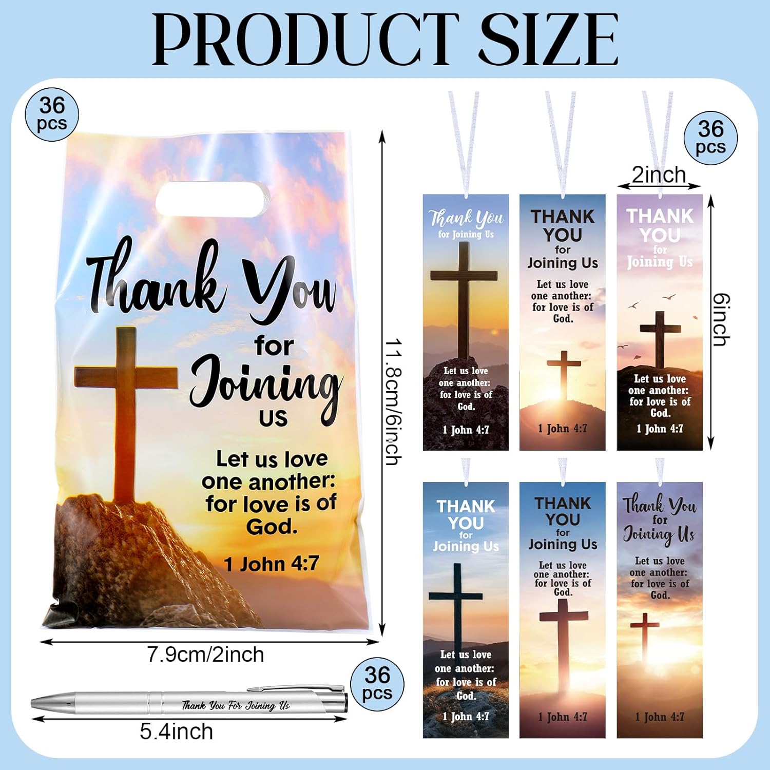 Supervitae 108 Pcs/36 Sets Church Welcome Gift Pockets Bulk Church Visitor Gifts 36 Religious Brochure Bags with Handle 36 Thank You for Joining Us Ballpoint Pen 36 Bookmark for Christian Supplies