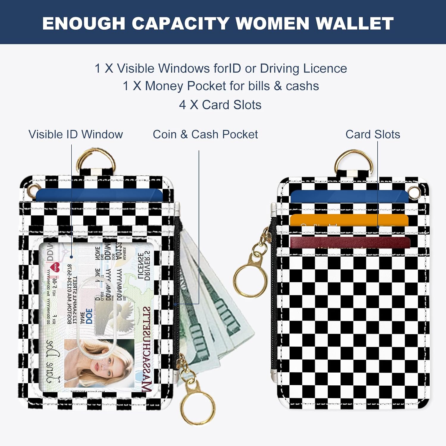 Slim Wallet Credit Card Holder, Black and White Checkered, RFID Wallet Women Cute Small Front Pocket Wallet With Zipper, PU Leather Thin travel RFID Blocking Card Case ID Window ,Ladies Gifts image 3