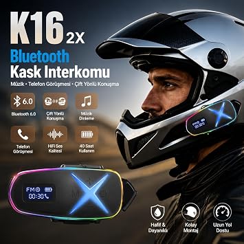 K16 2X Bluetooth Motosiklet Kask Interkomu, Bluetooth 6.0, Çift Yönlü Konuşma, HD Ses, Gürültü Azaltma, 1200 Metre Menzil, 40 Saat Pil Ömrü, Type-C Şarj, Tüm Kasklarla Uyumlu