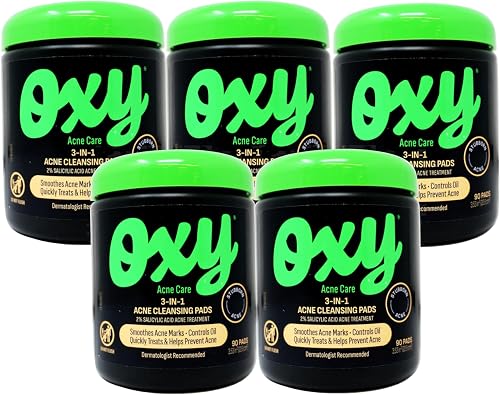 Oxy Acne Care 3-in-1 Acne Cleansing Pads, 2% Salicylic Acid Acne Treatment, 90 Pads (Pack of 5)