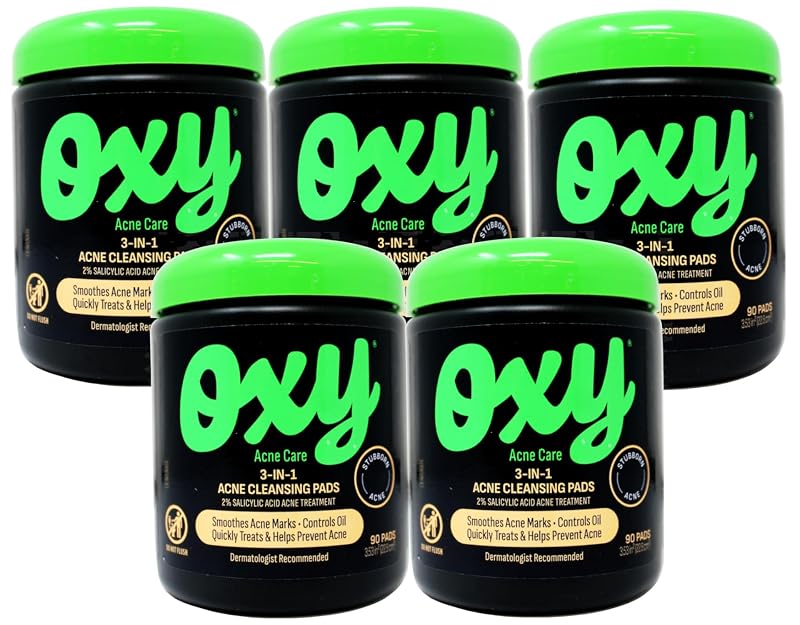 Oxy Acne Care Lenços de Limpeza Facial com Ácido Salicílico 2%, 90 Unidades, Pacote com 5