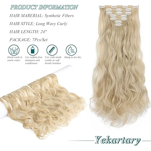 Miniatura 4 de Extensiones de cabello para mujer, 7 unidades, invisibles, largas, onduladas, rizadas, sintéticas, 24 pulgadas, rubio claro, mezcla de rubio
