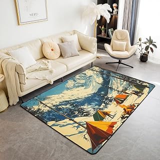 Winter Camping Rug 5x6'6'',Jungle Snowy Mount Pine Trees Non Slip Decorative Indoor Mat Rug,Nature Adventrue Camp Tent Skiing Sports Skier Shedding Rug for Playroom Bedside for Adults Kids
