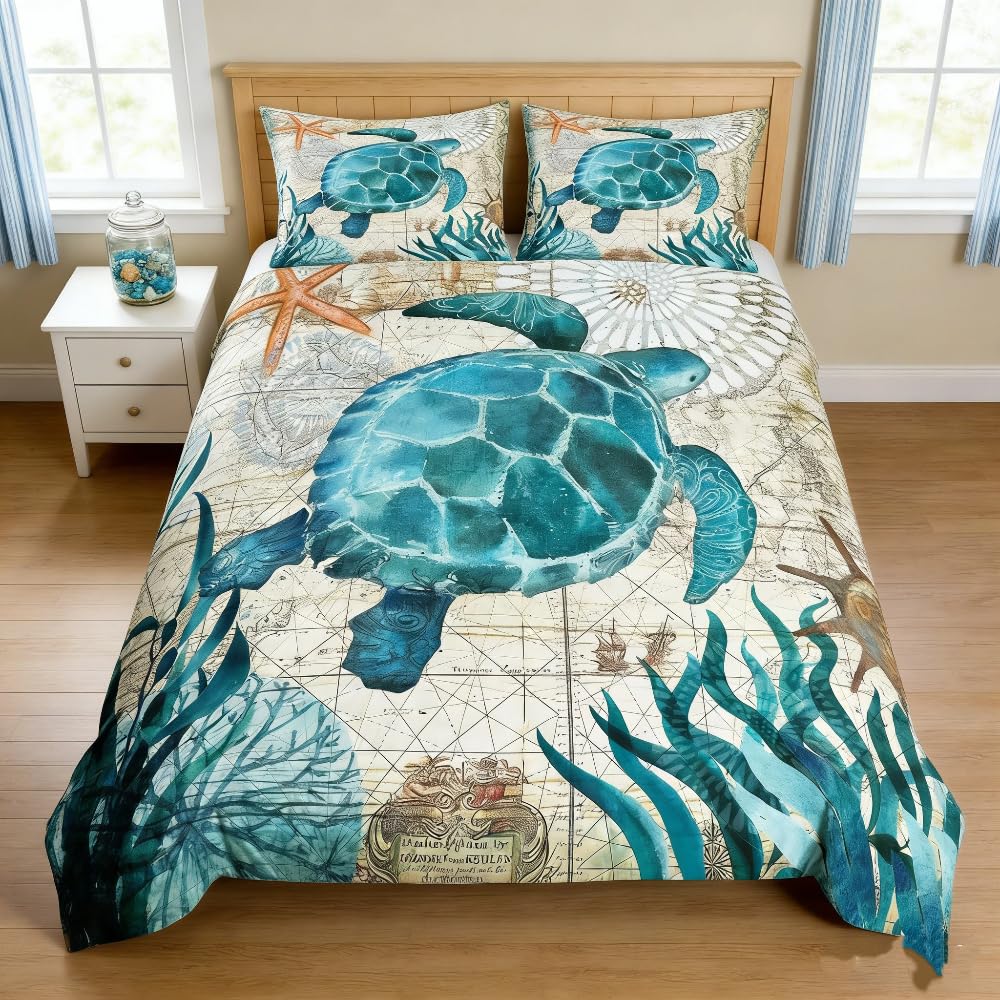 Loussiesd Turtle Duvet Cover Set King with 2 Pillow Shams,Children Boy Creative 3D Ocean World Bedding Sets with Zipper Closure,Soft Comforter Microfiber Sea Animal Quilt Cover(220x240cm)