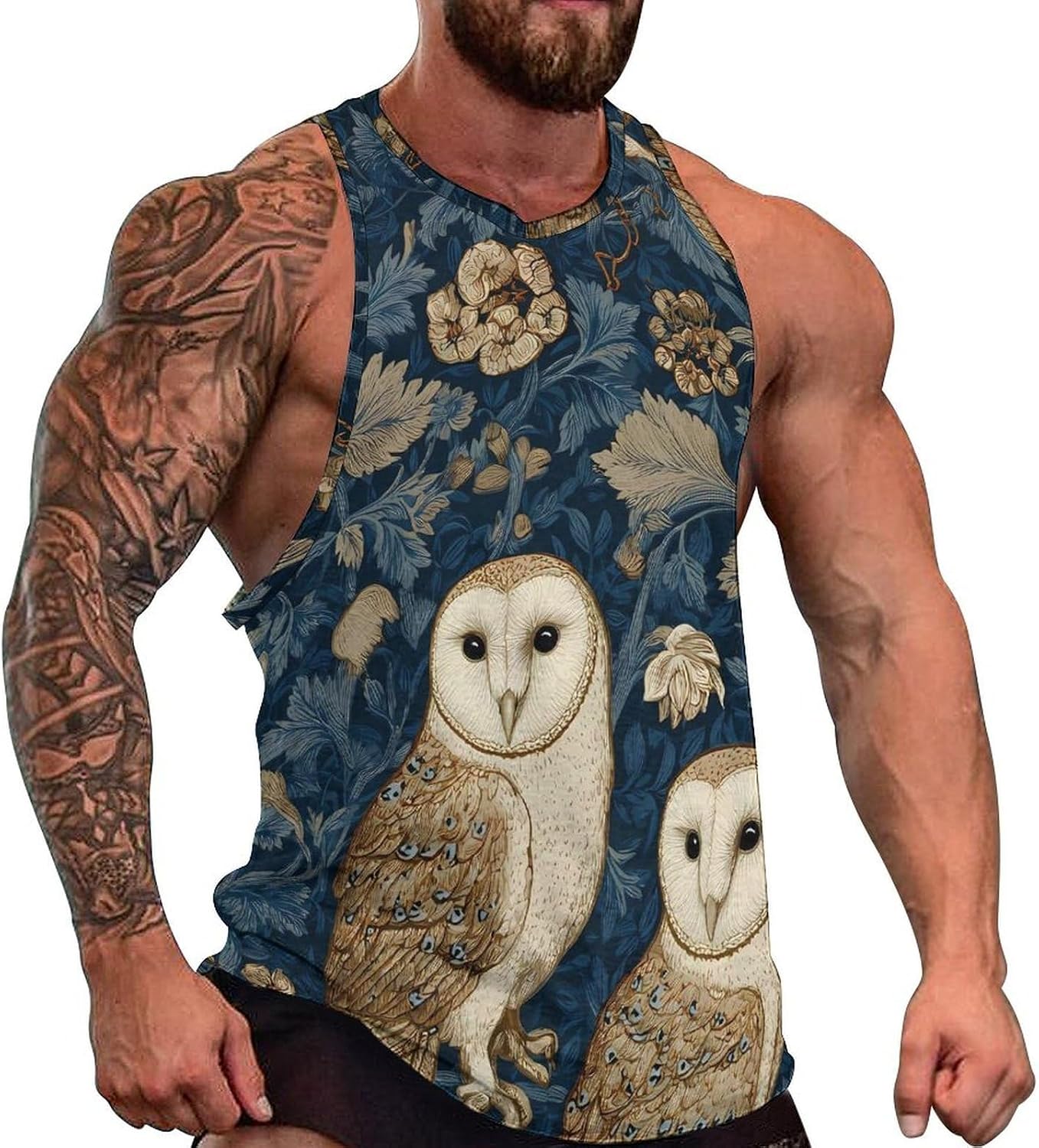 Barn Owl Pattern Mens Tank Top Slim Fit Workout Gym Tops 5XL | Quick Dry
