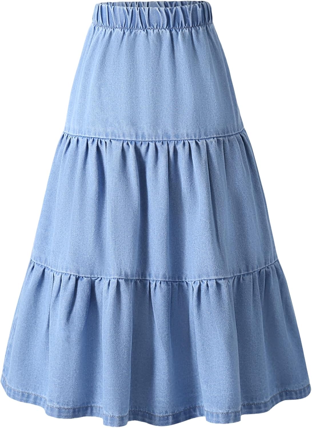 Happy Cherry Girls Ruffle Denim Skirt Little Girls Elastic High Waist Midi A Line Boho Flare Hem Long Skirt 5-12 Years