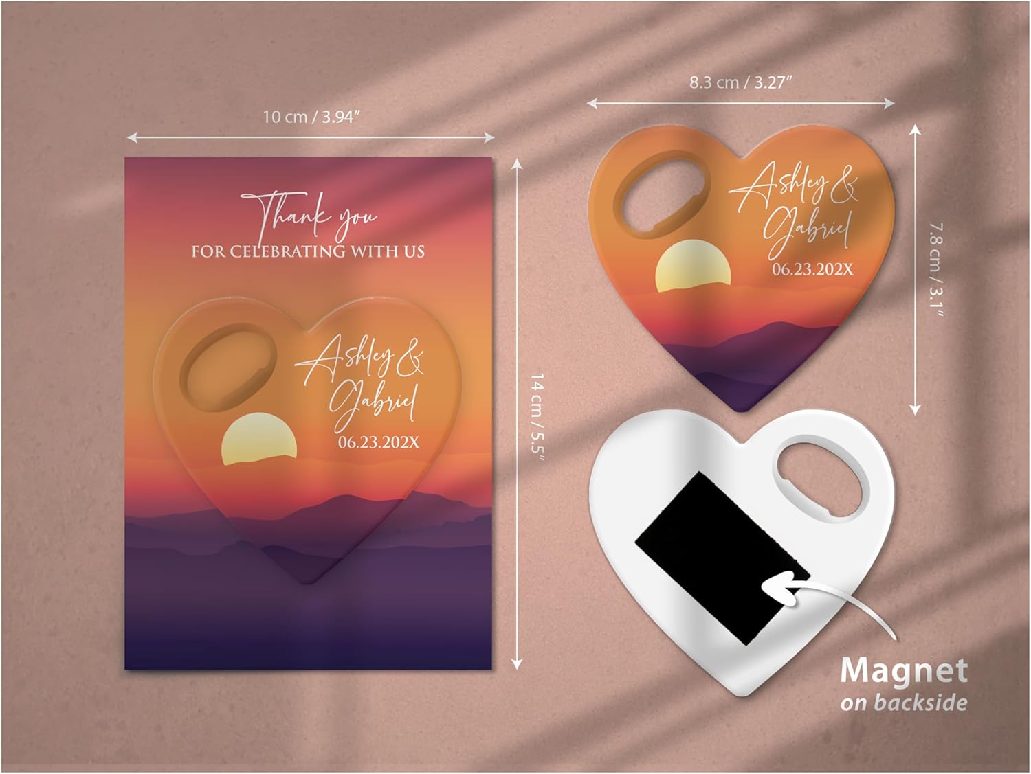 Personalized Heart Magnet Bottle Opener – Custom Wedding Favor With Sunset Mountain Design (Forest Landscape Design)