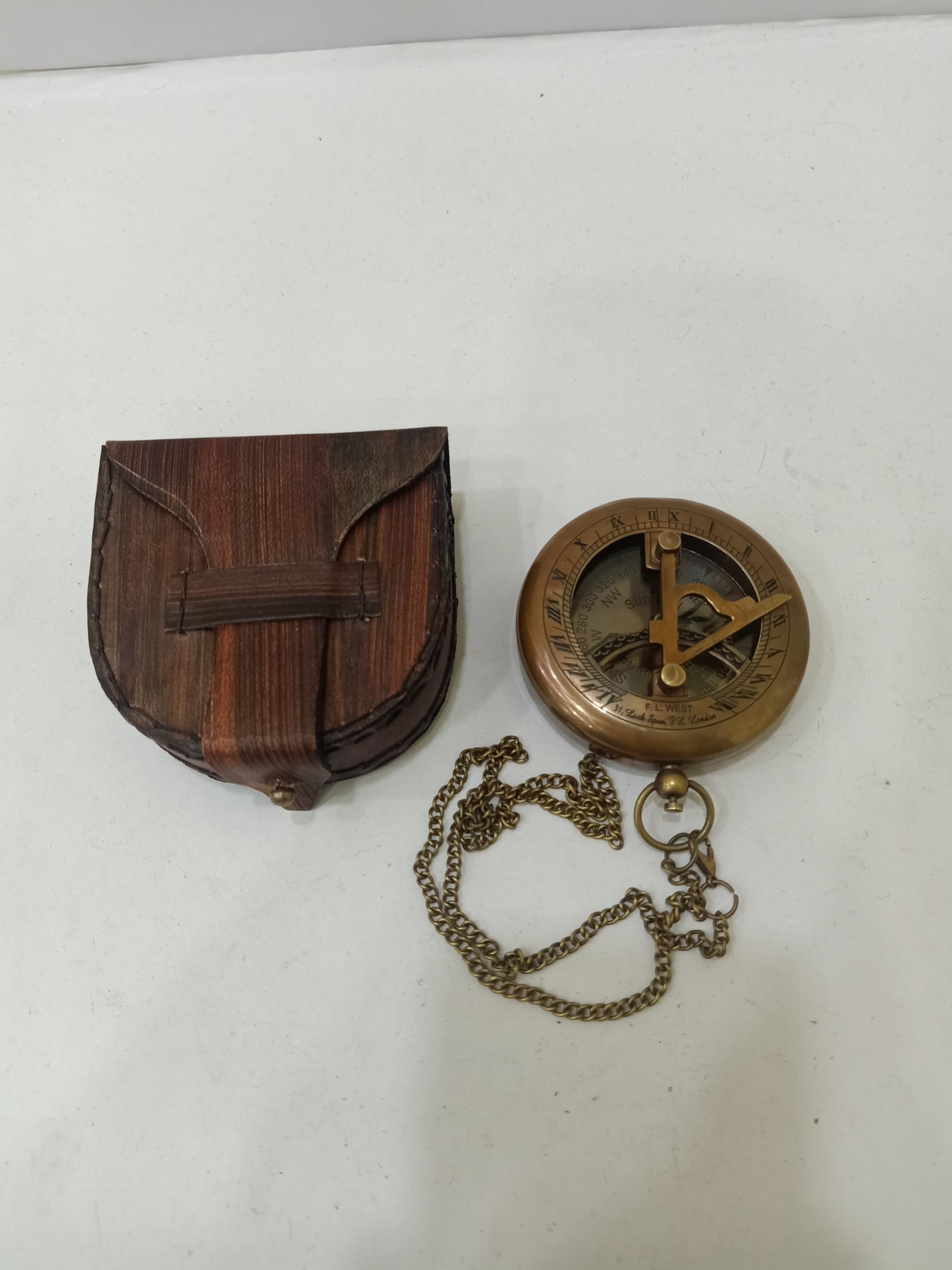 Antique Brass Sundial Push Button Compass Pocket Sundial Compass Navigational Compass Direction with Leather case-picture-13