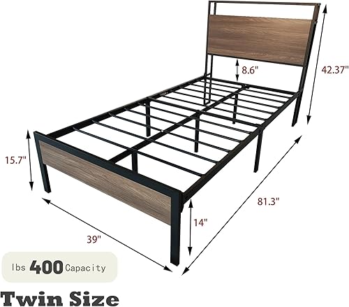 Miniatura 2 de Marco de cama industrial tamaño individual con cabecero, marco de cama de plataforma de metal con luces LED y puertos USB, resistente y sin ruido,