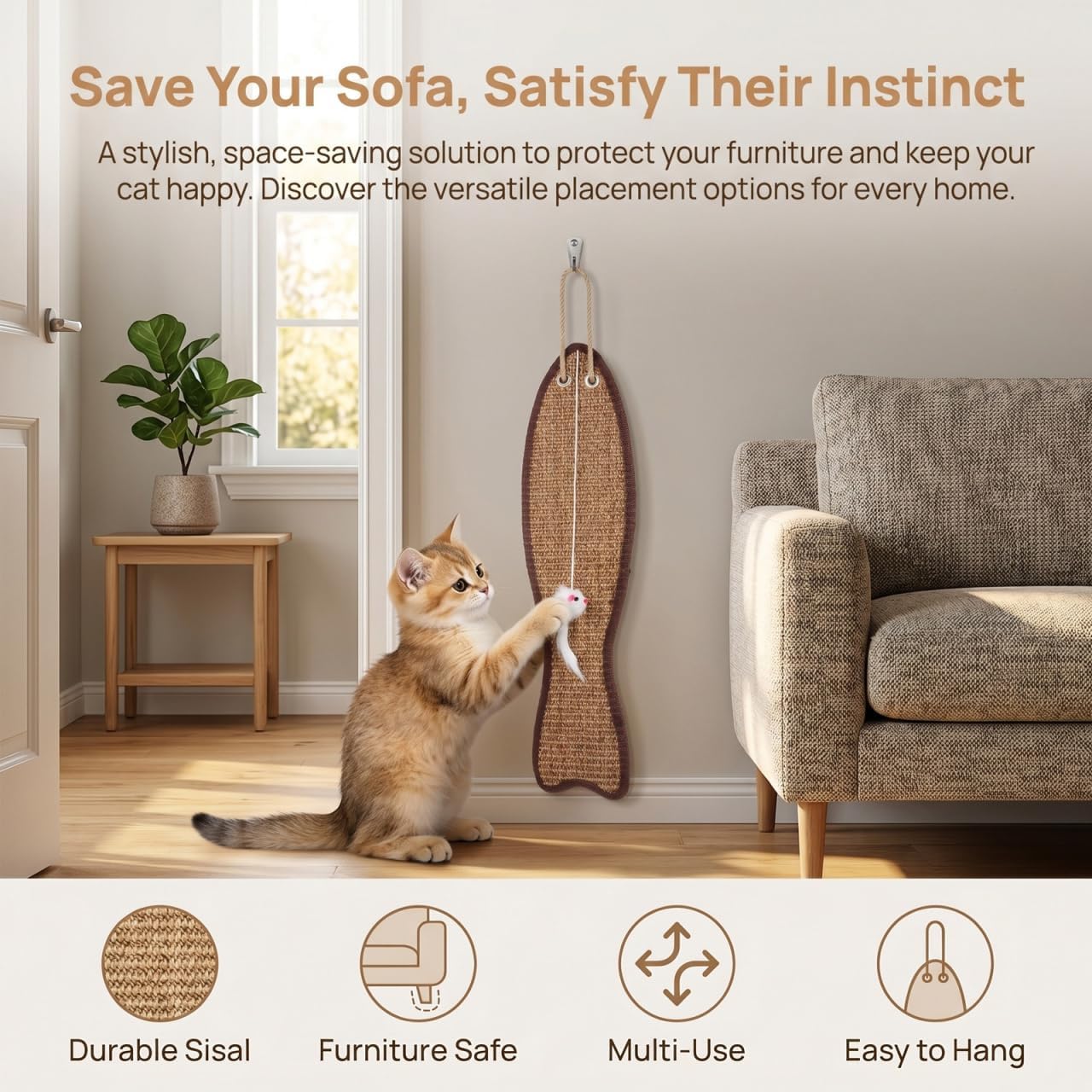 Balacoo Hanging Cat Scratcher Mat, Fish Shaped Sisal Cat Scratch Pad for Door Knobs - Door Scratcher for Indoor Kitten Clawing and Playing - Random Colors, 20.83X5.23 inch