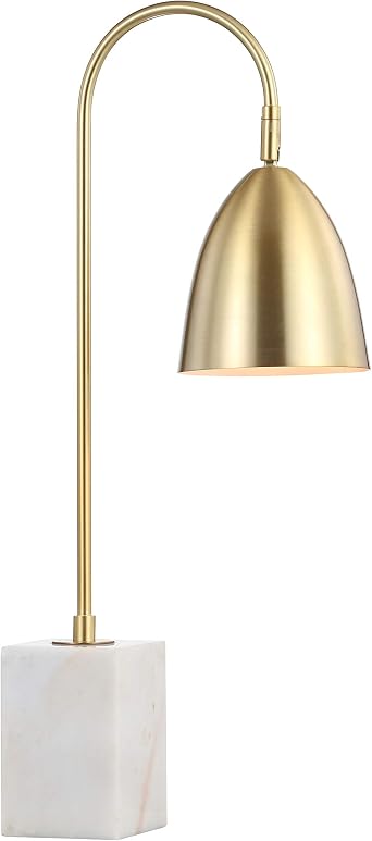 JONATHAN Y Ana Arched Metal Table Lamp 26" Marble Base, Brass Gold/White | Modern Glam Task Lighting, LED Bulb Included, Silk Wrapped Cord, In-Line Switch, UL Listed, Downward Directional