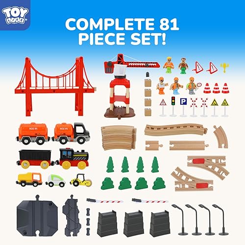 Miniatura 5 de TOY Life Juego de tren de 81 piezas con grúa y locomotora, juguete de tren de madera para niños y niñas de 3, 4, 5, juguetes de madera, regalo para
