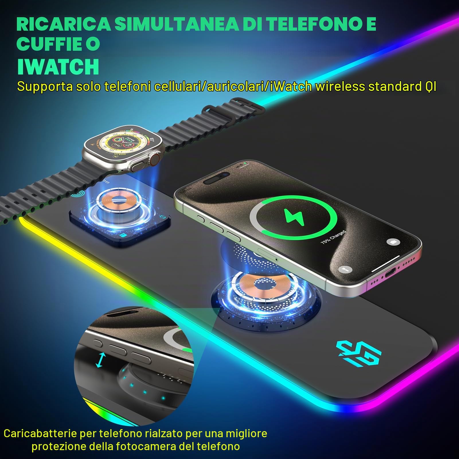 Tappetino per mouse da gaming RGB 15 W Qi, LED, con 10 modalità di illuminazione e 15 W di ricarica rapida Qi, ricarica wireless per iPhone, cuffie, impermeabile, antiscivolo per gaming, scrivanie