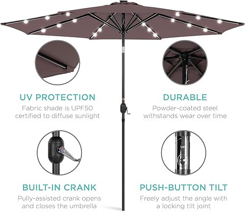 Vista 536 de Best Choice Products - Sombrilla solar de 7.5 pies para exteriores, patio, mesa, mercado, terraza, piscina con inclinación, manivela, luces LED