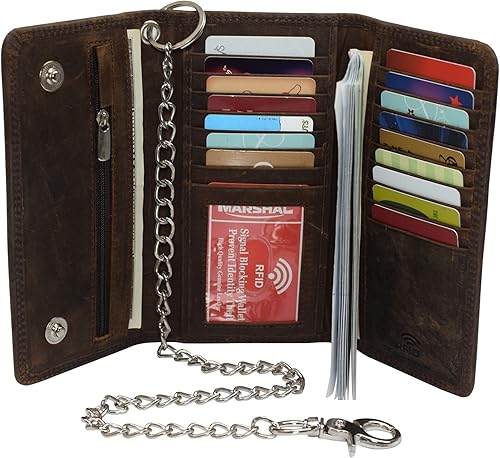 Miniatura 3 de CAZORO Cartera de cadena de motocicleta de Estados Unidos para hombre, 100% piel auténtica natural, bloqueo RFID triple largo, organizador de dinero