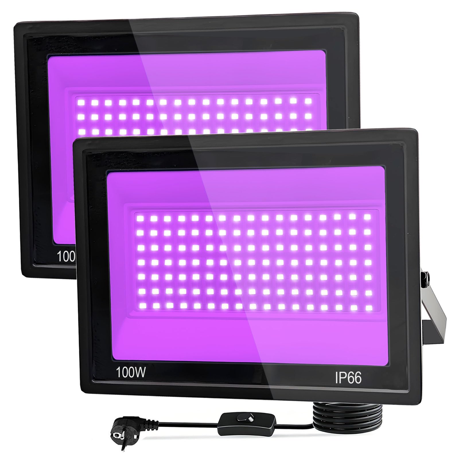 2 Pièces 100W Lumiere Noire LED, Projecteur Lumière Noire UV, Projecteur Lumière noire, IP66 Etanche, Avec Interrupteur pour Fêtes, Effets Fluorescents, Décorations d'Halloween et Scène