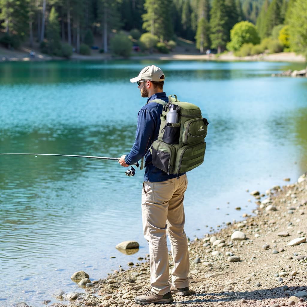 N NEVO RHINO Angelausrüstungs-Rucksack mit Rutenhaltern, 40 l, große Angeltasche mit wasserdichtem Regenschutz, Outdoor-Ausrüstungstasche