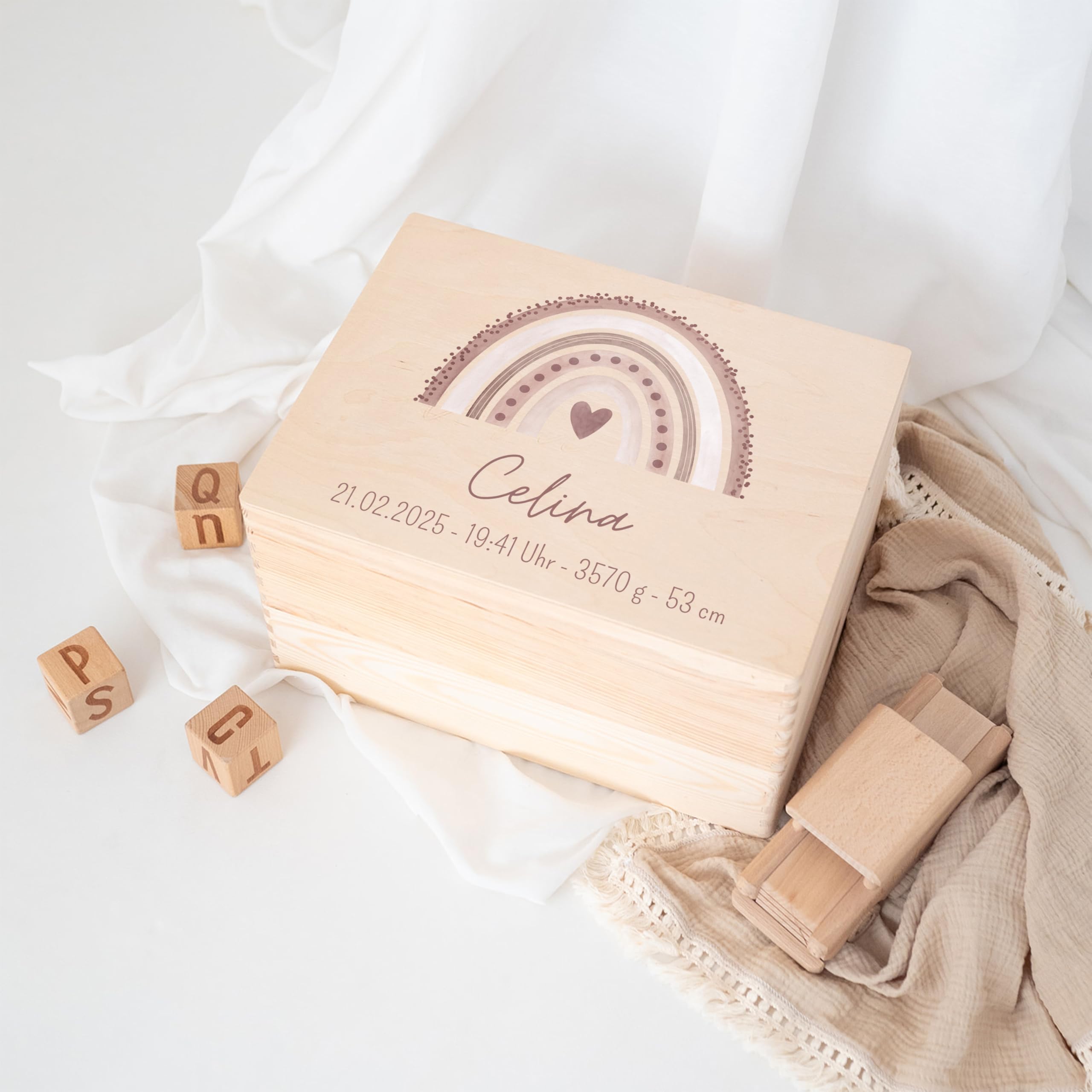 wunderwunsch® - Personalisierte Erinnerungsbox Baby mit Spezial-Druck - Baby Erinnerungsbox - Erinnerungskiste aus Holz - Geschenk zur Geburt (rosa, M flach | Klappdeckel)