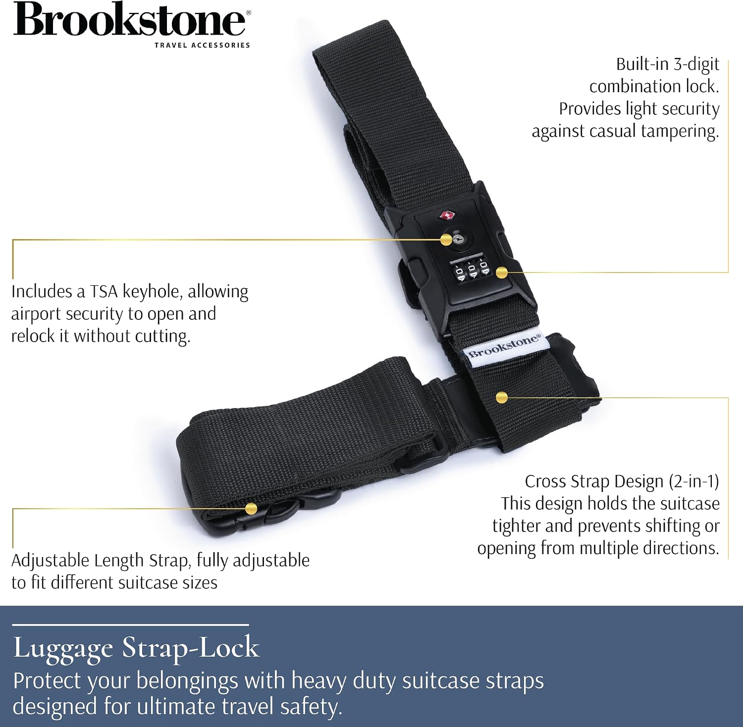 Brookstone Luggage Strap - 2-in-1 TSA-Approved Expandable Luggage Straps for Suitcases with Keyless 3-Digit Combination Lock, Size One Size, Black
