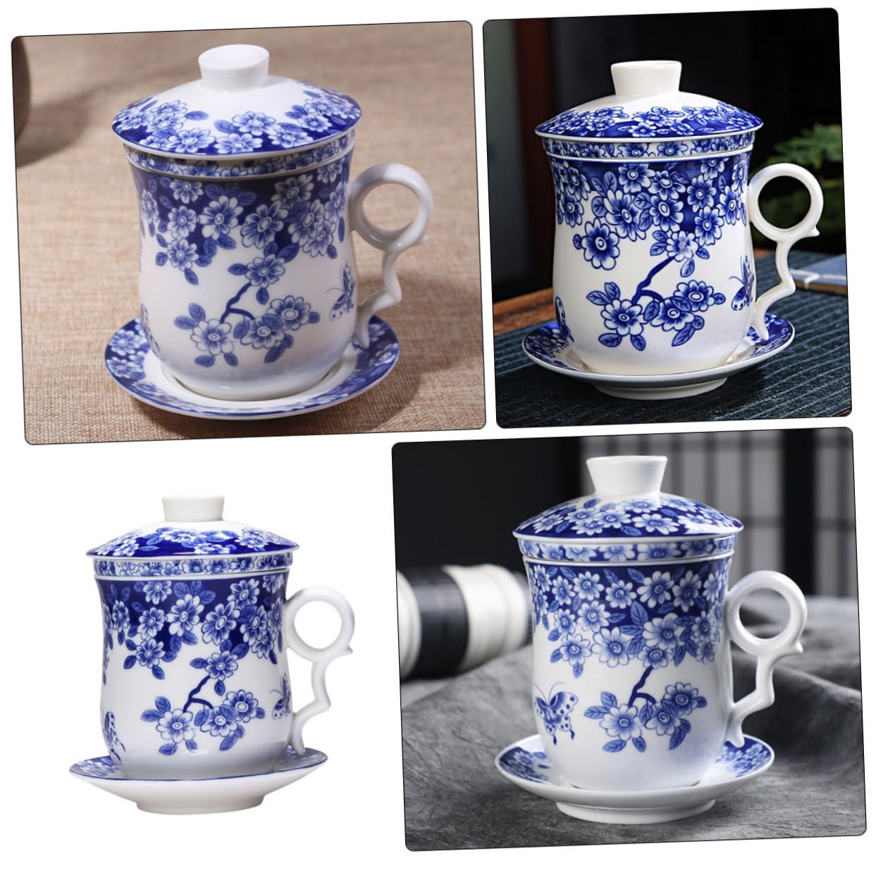 Teetassen Dekorativ und Praktisch Keramik mit Sieb und Untertasse Satz Chinesisches Teegeschirr mit Blauem Ziermuster für Teeliebhaber Zuhause