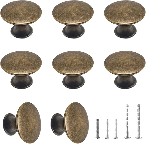16 Pcs Antique Brass Cabinet Hardware, 1-1/5 inch Kitchen Dresser Knobs and Drawer Pulls, Round Cupboard Door Knobs with Screws