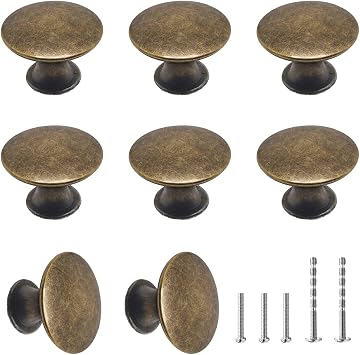 16 Pcs Antique Brass Cabinet Hardware, 1-1/5 inch Kitchen Dresser Knobs and Drawer Pulls, Round Cupboard Door Knobs with Screws