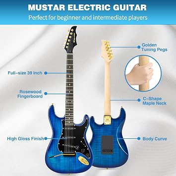MUSTAR 39 Inch Electric Guitar Kit, Full Size Solid Wood Electric Guitar | Blue Electric Guitar Kit with 25W Amplifier, Gig Bag, Capo, Strap, Cable, Picks, Birthday Holiday Gifts for Beginner
