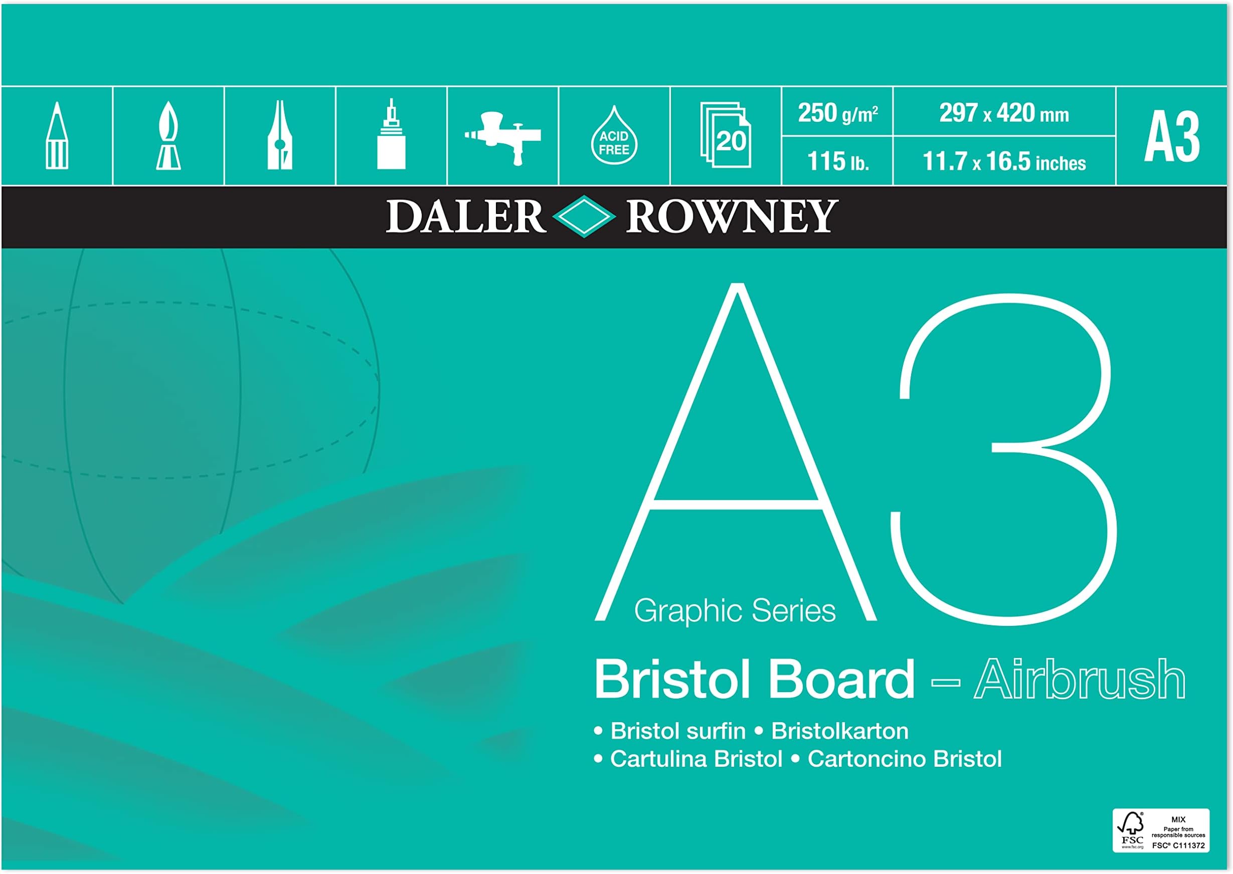 Daler-Rowney Graphic Series Smooth Surface 250gsm A3 Bristol Board Pad, Glued 1 Sid, Acid-free, 20 White Sheets, Ideal for Professional Artists & Students