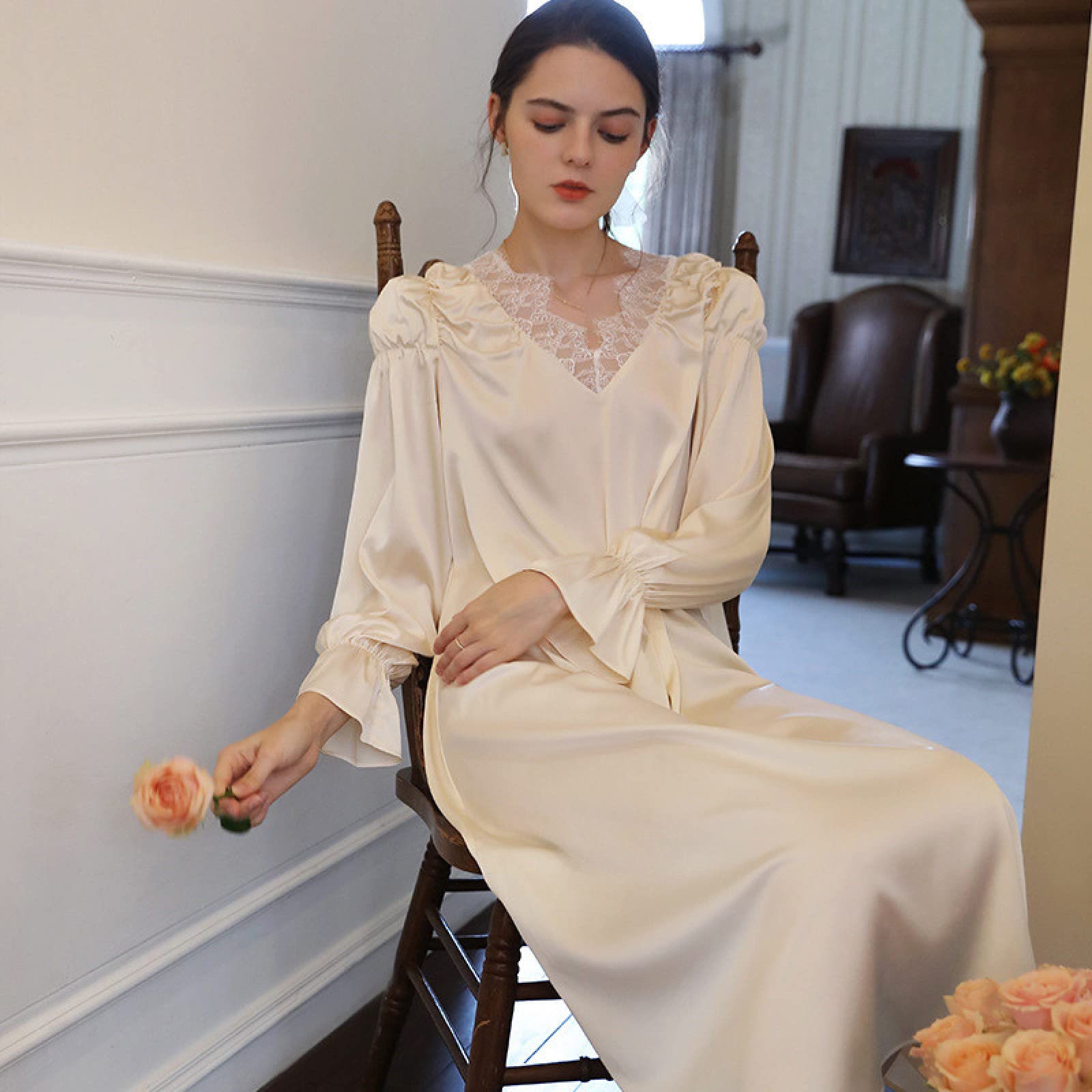 OFFSUM Camicia da Notte Donna - Elegante Camicia da Notte Casual in Pizzo Stile Francese con Scollo A V Primavera Estate Vintage in Raso Tinta Unita Abito da Notte