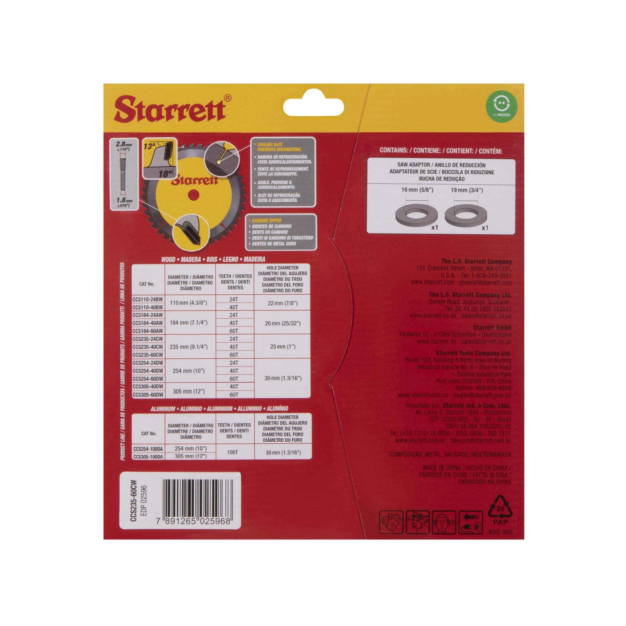 Starrett Lame de scie circulaire TCT 235 mm pour bois, 60 dents, alésage 16/19/25 mm