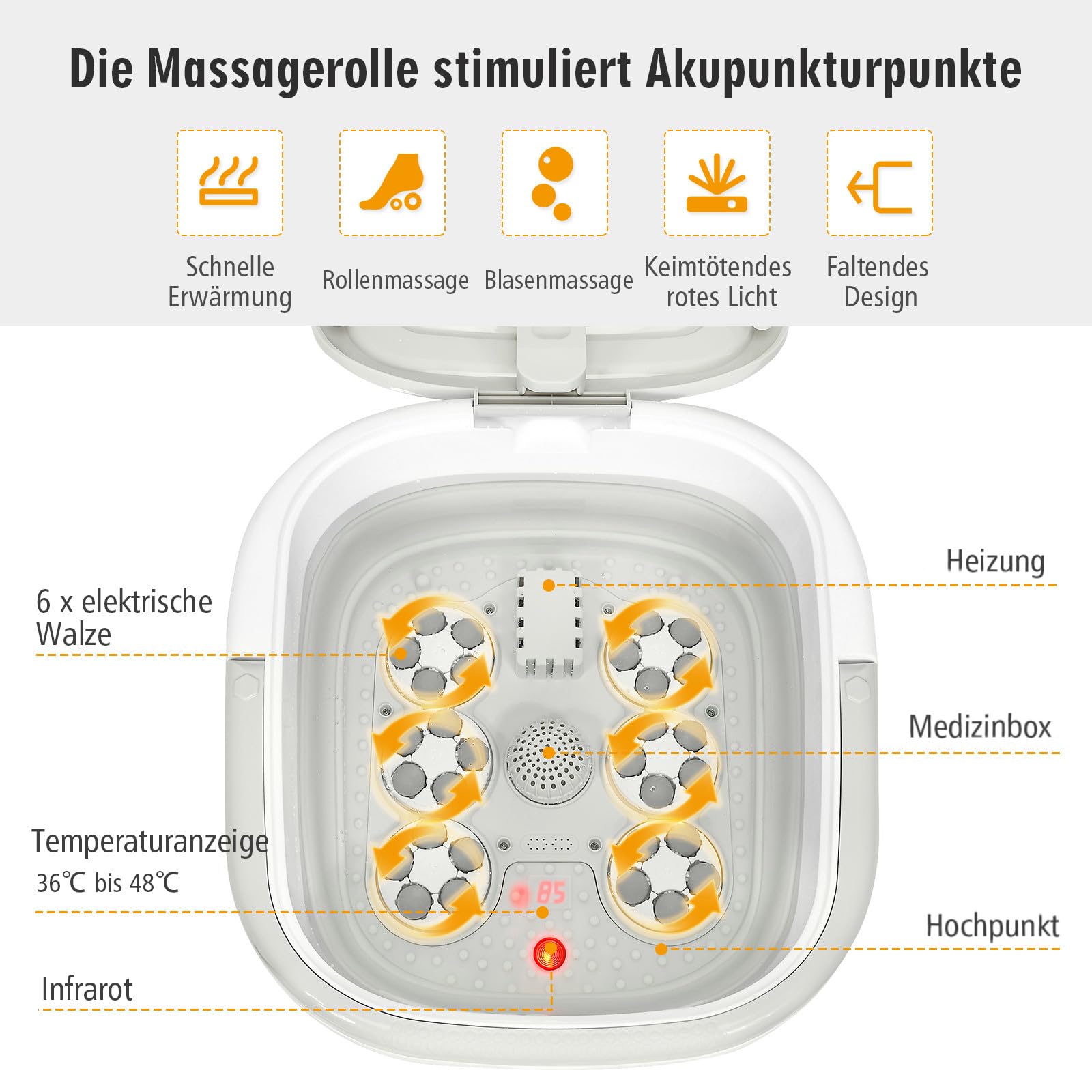 RELAX4LIFE Fussmassagegerät elektrisch, klappbares Fußbad mit Massage & Heizung, 35-48℃, 10-60 min. Timer, Fußbadewanne mit Shiatsu-Rollen & Fernbedienung, Fußsprudelbad als Geschenk, 450W (Grau)