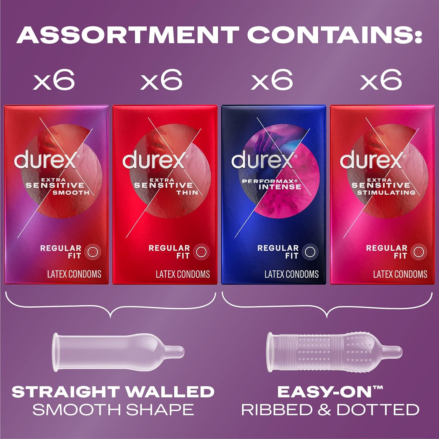 Durex Assorted Pleasure Pack, Lubricated Latex Condoms for Men, 24 Count