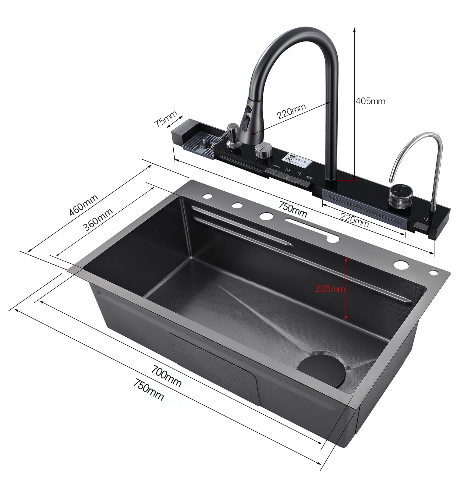 Évier de cuisine en acier inoxydable T304, en cascade, encastré, avec robinet numérique multifonctionnel, divers accessoires (75 x 45 cm)